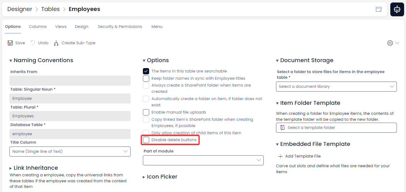 A screenshot demonstrating the location of the &quot;Disable Delete Buttons&quot;. The screenshot shows Designer &gt; Tables &gt; Employees, and the standard Options tab. The screenshot is annotated with a red box to highlight the location of the button.
